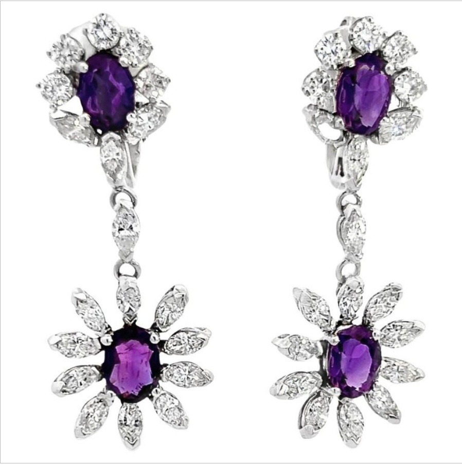 Amethyst Diamond Dangle Earrings 14K White Gold