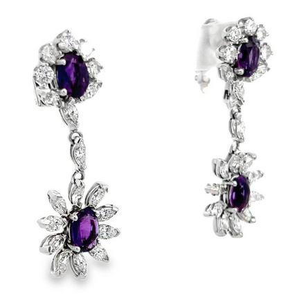 Amethyst Diamond Dangle Earrings 14K White Gold