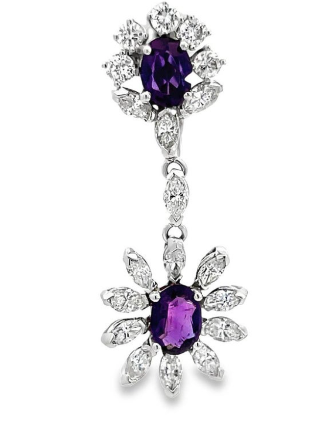 Amethyst Diamond Dangle Earrings 14K White Gold