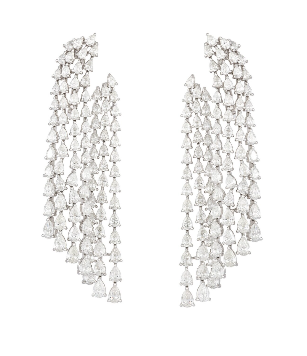 22.01 ct diamond chandelier earrings in platinum. Cascading pear-shaped diamonds create a luminous waterfall effect. Elegant and timeless.