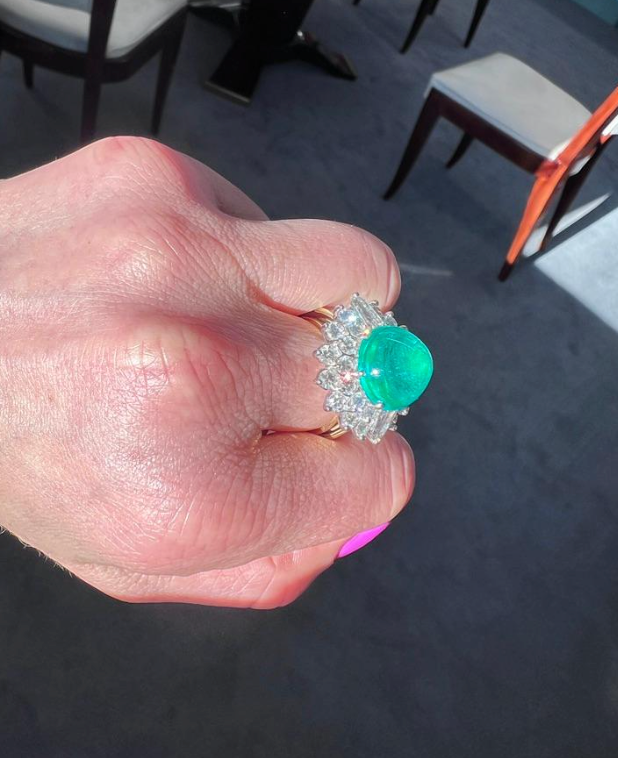 Colombian Emerald AGL-Certified Cabochon Ring with Diamond Halo