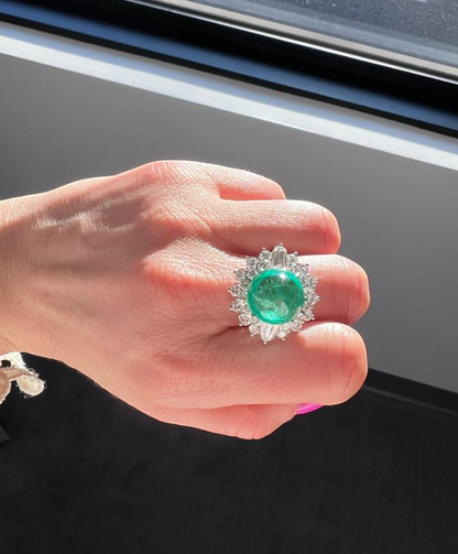 Colombian Emerald AGL-Certified Cabochon Ring with Diamond Halo