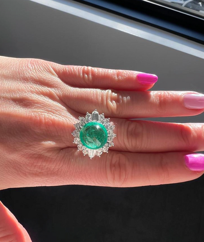 Colombian Emerald AGL-Certified Cabochon Ring with Diamond Halo