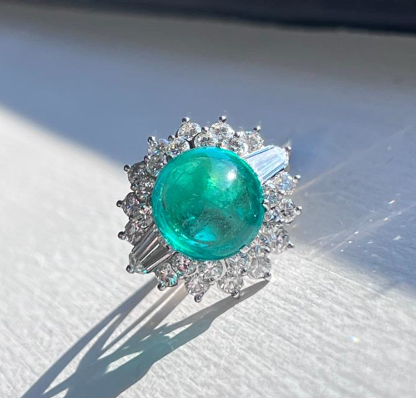 Colombian Emerald AGL-Certified Cabochon Ring with Diamond Halo