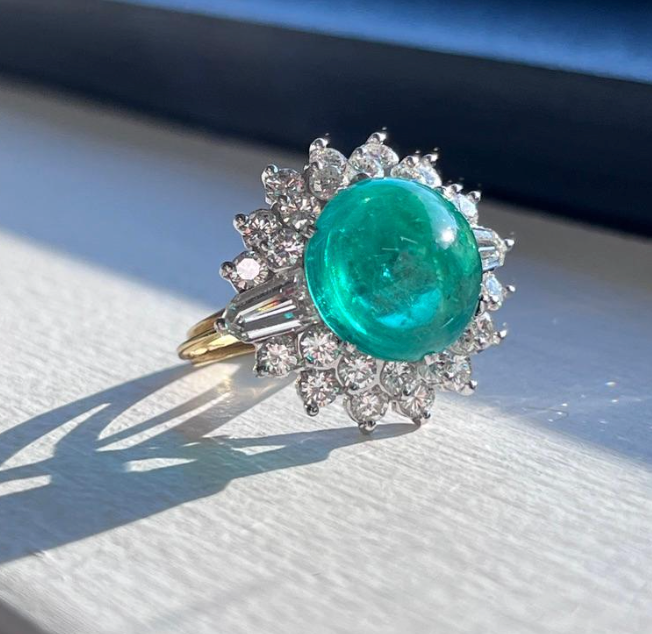 Colombian Emerald AGL-Certified Cabochon Ring with Diamond Halo