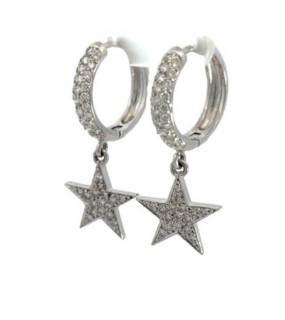 Diamond Star Hoop Earrings, 1.32 Carats, Pave Diamond Hoops