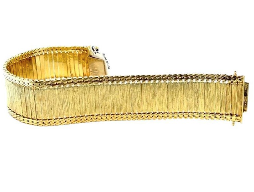 French Textured 14k Yellow Gold Retro Style Bracelet, Flexible Hinged Design