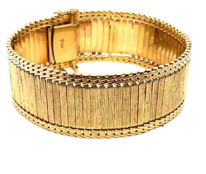 French Textured 14k Yellow Gold Retro Style Bracelet, Flexible Hinged Design