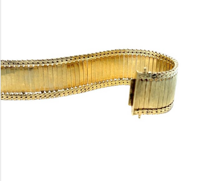 French Textured 14k Yellow Gold Retro Style Bracelet, Flexible Hinged Design