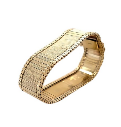 French Textured 14k Yellow Gold Retro Style Bracelet, Flexible Hinged Design