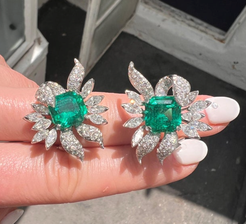 GIA 10.07 Carat Colombia Minor Emerald and Diamond Retro Earrings