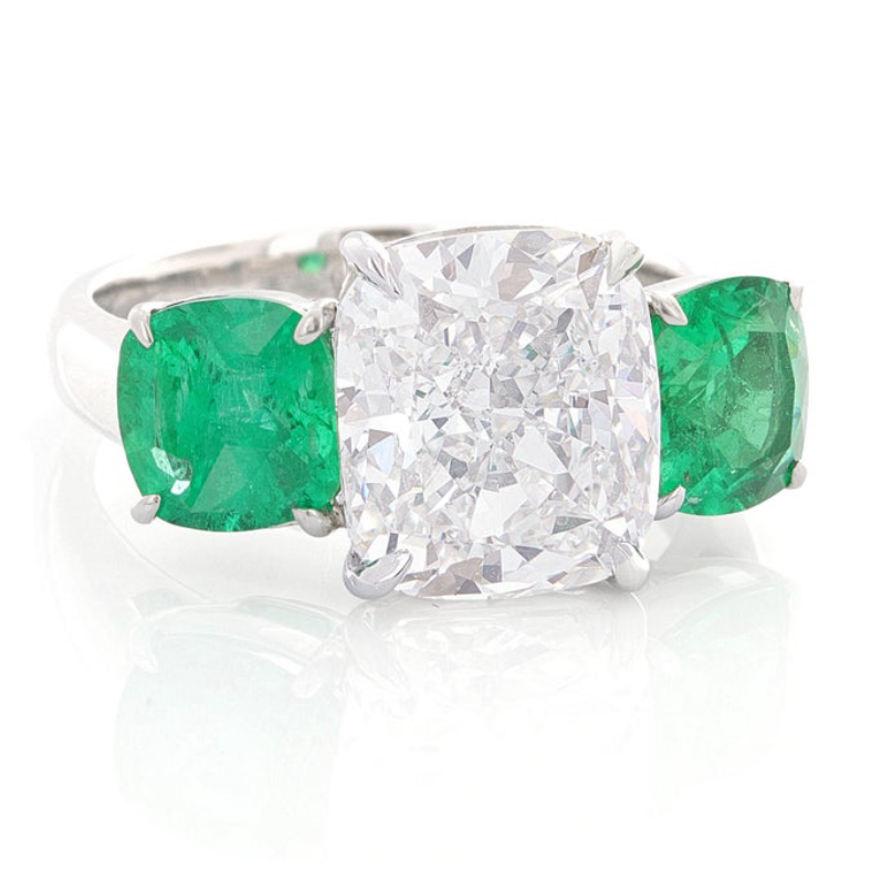 GIA Certified, Three-Stone Diamond and Emerald Ring