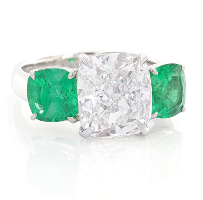 GIA Certified, Three-Stone Diamond and Emerald Ring