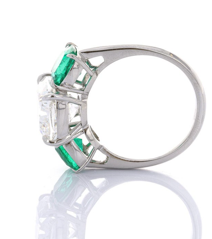 GIA Certified, Three-Stone Diamond and Emerald Ring