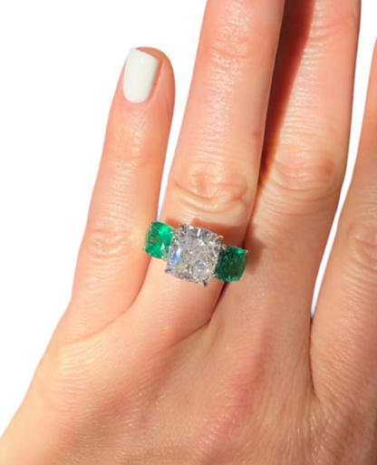 GIA Certified, Three-Stone Diamond and Emerald Ring