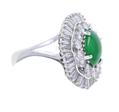 Handmade Antique White Gold 3.25ct Jade and 1.25ct Diamond Cocktail Ring