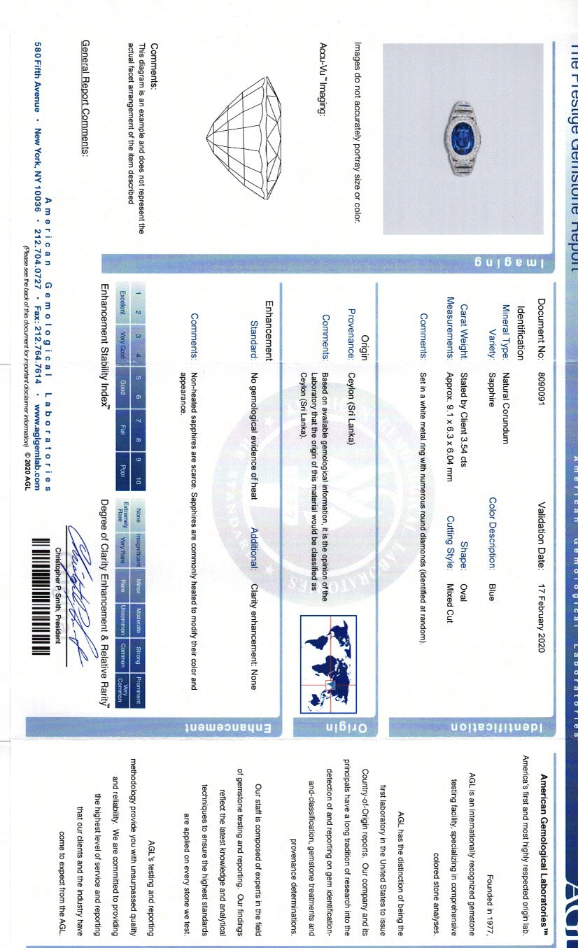 AGL Gemstone Report verifying 3.54ct Ceylon origin with no evidence of heat treatment