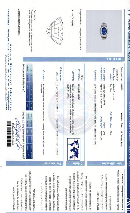 AGL Gemstone Report verifying 3.54ct Ceylon origin with no evidence of heat treatment