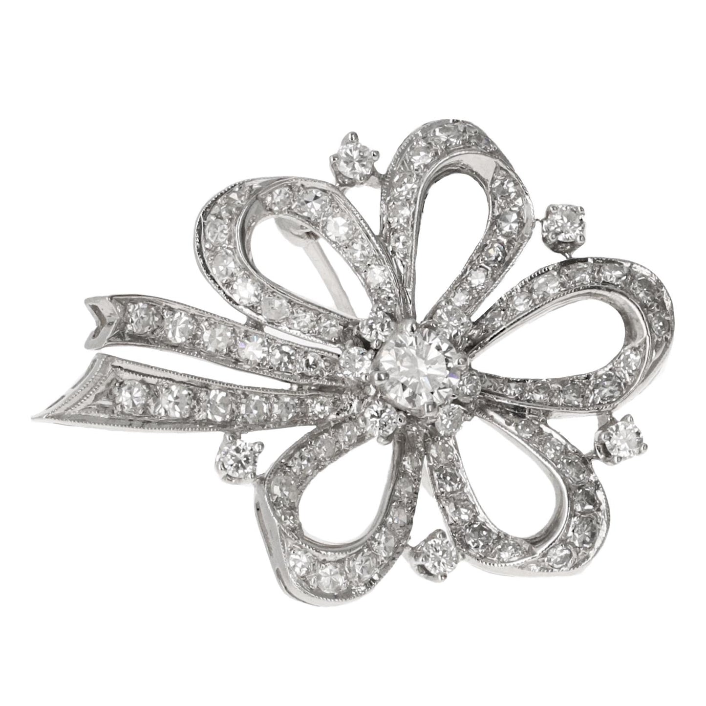 Art Deco Diamond Floral Bow Brooch in 14 Karat White Gold, 2.75 Carats