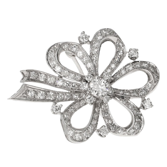 Art Deco Diamond Floral Bow Brooch in 14 Karat White Gold, 2.75 Carats