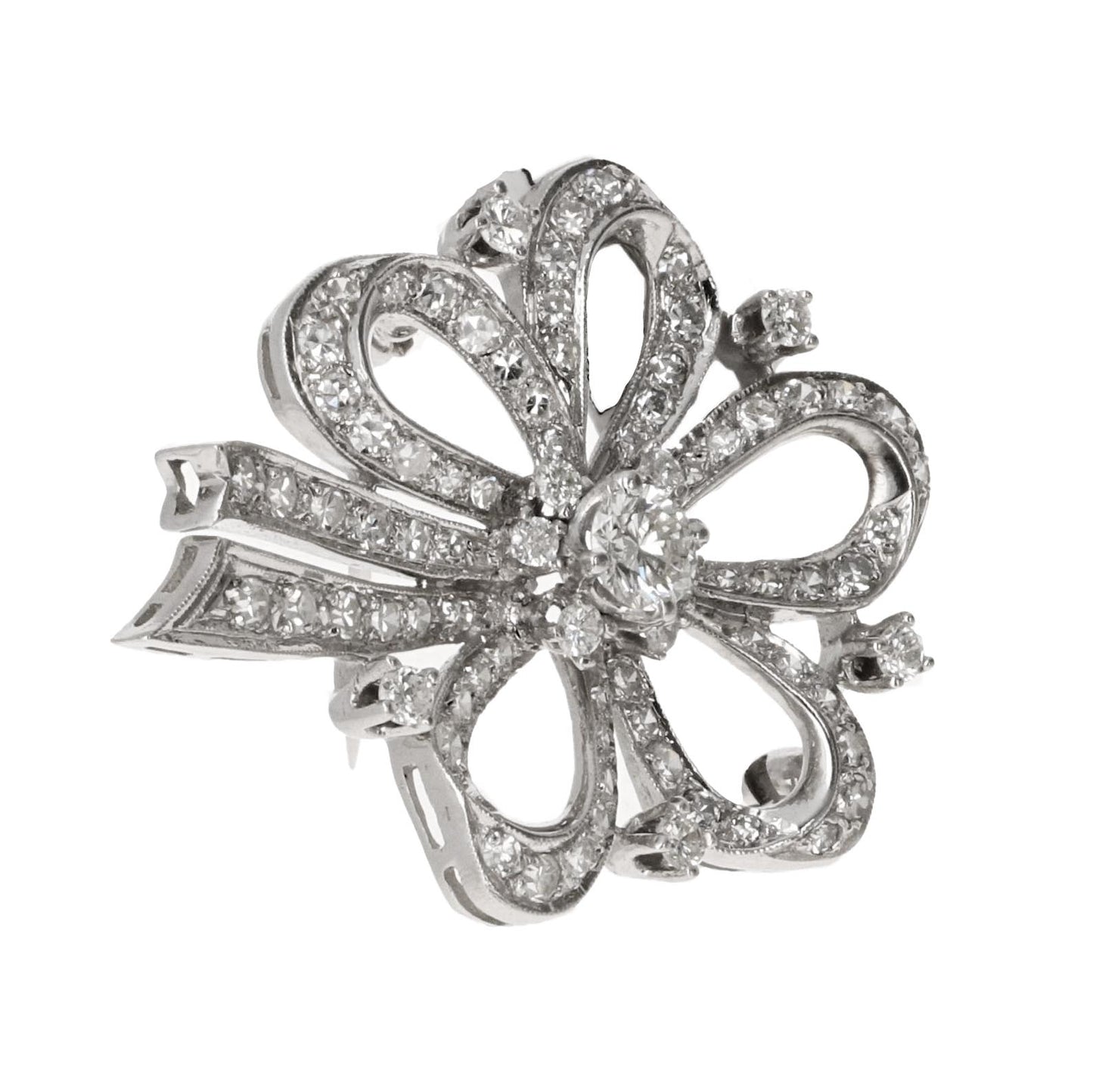 Art Deco Diamond Floral Bow Brooch in 14 Karat White Gold, 2.75 Carats