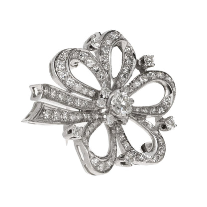 Art Deco Diamond Floral Bow Brooch in 14 Karat White Gold, 2.75 Carats
