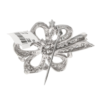 Art Deco Diamond Floral Bow Brooch in 14 Karat White Gold, 2.75 Carats