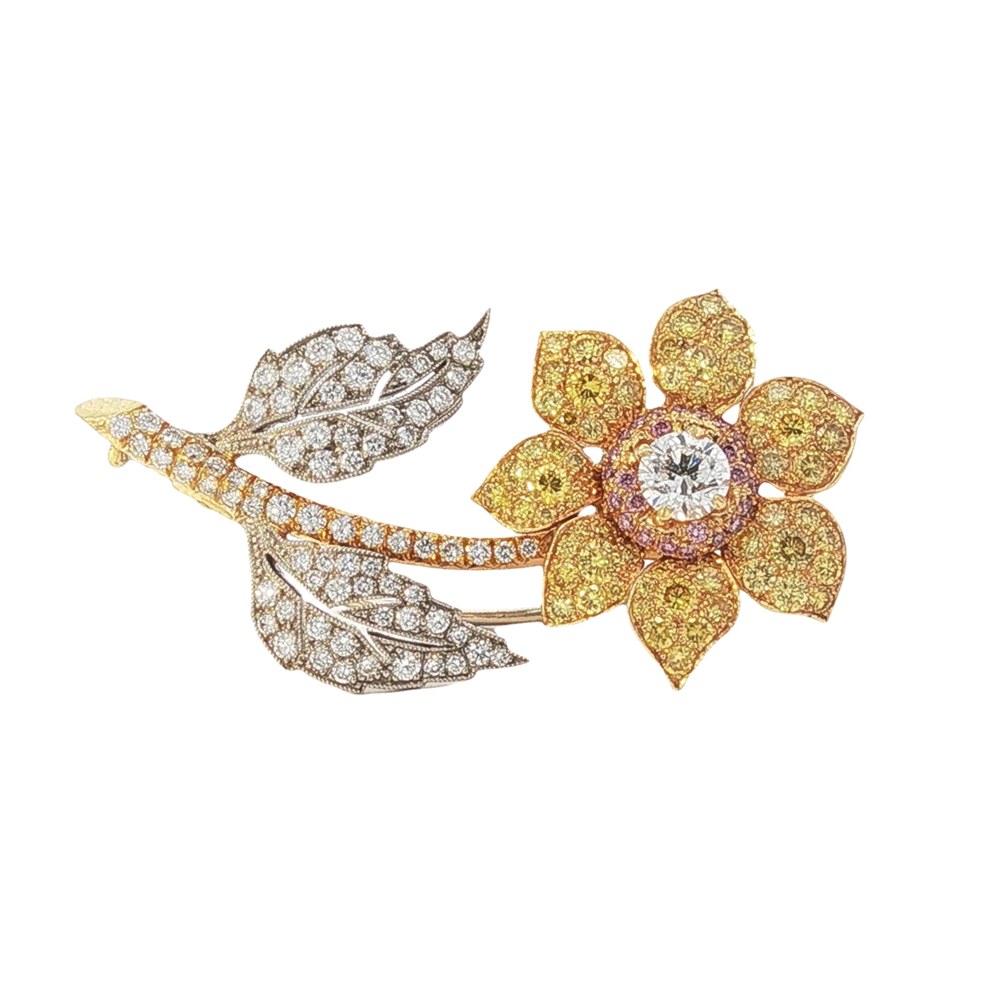 GIA certified 0.32ct F VS1 multi-color natural pink yellow and white diamond flower brooch in 18k two-tone gold by Kantor Gems