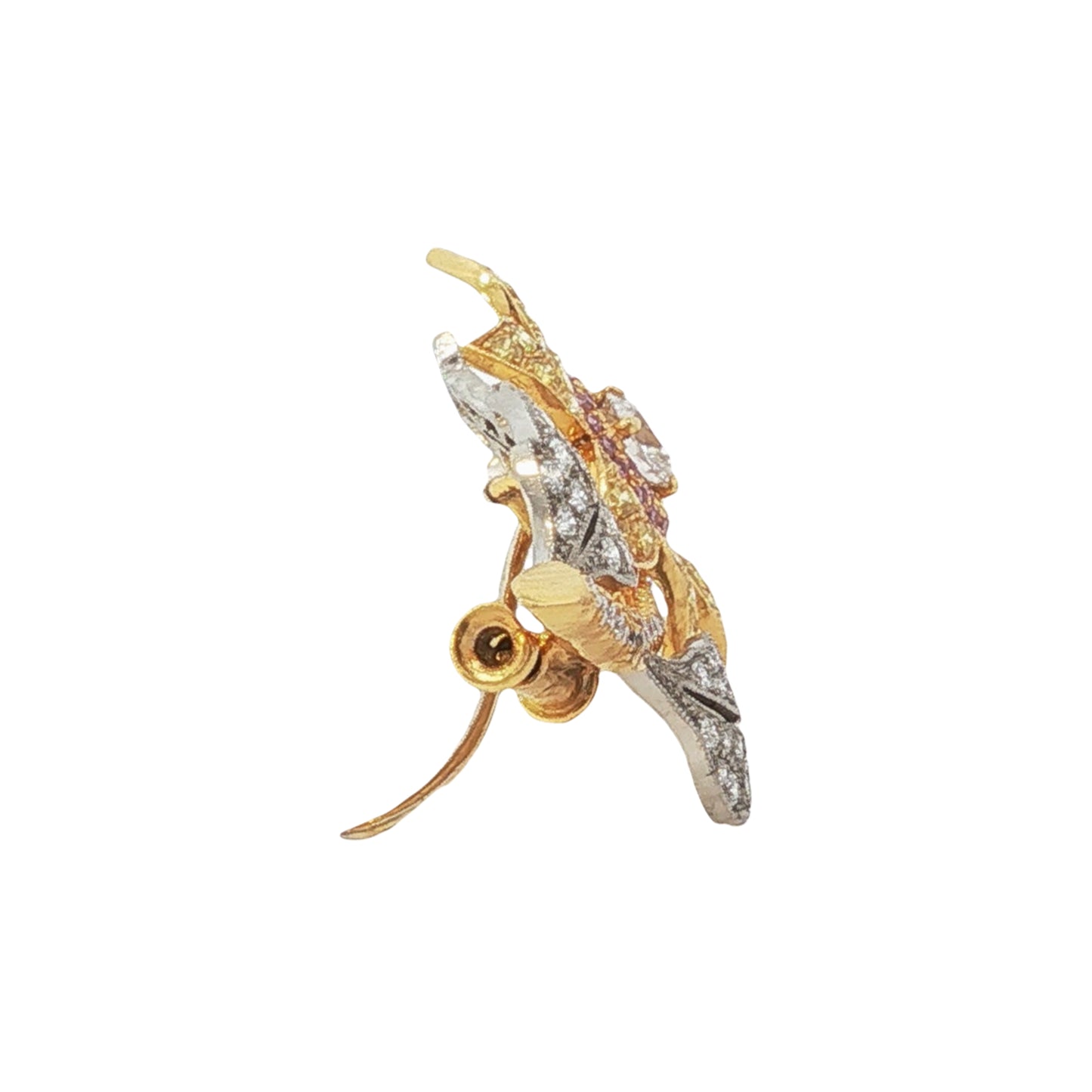 GIA certified 0.32ct F VS1 multi-color natural pink yellow and white diamond flower brooch in 18k two-tone gold by Kantor Gems