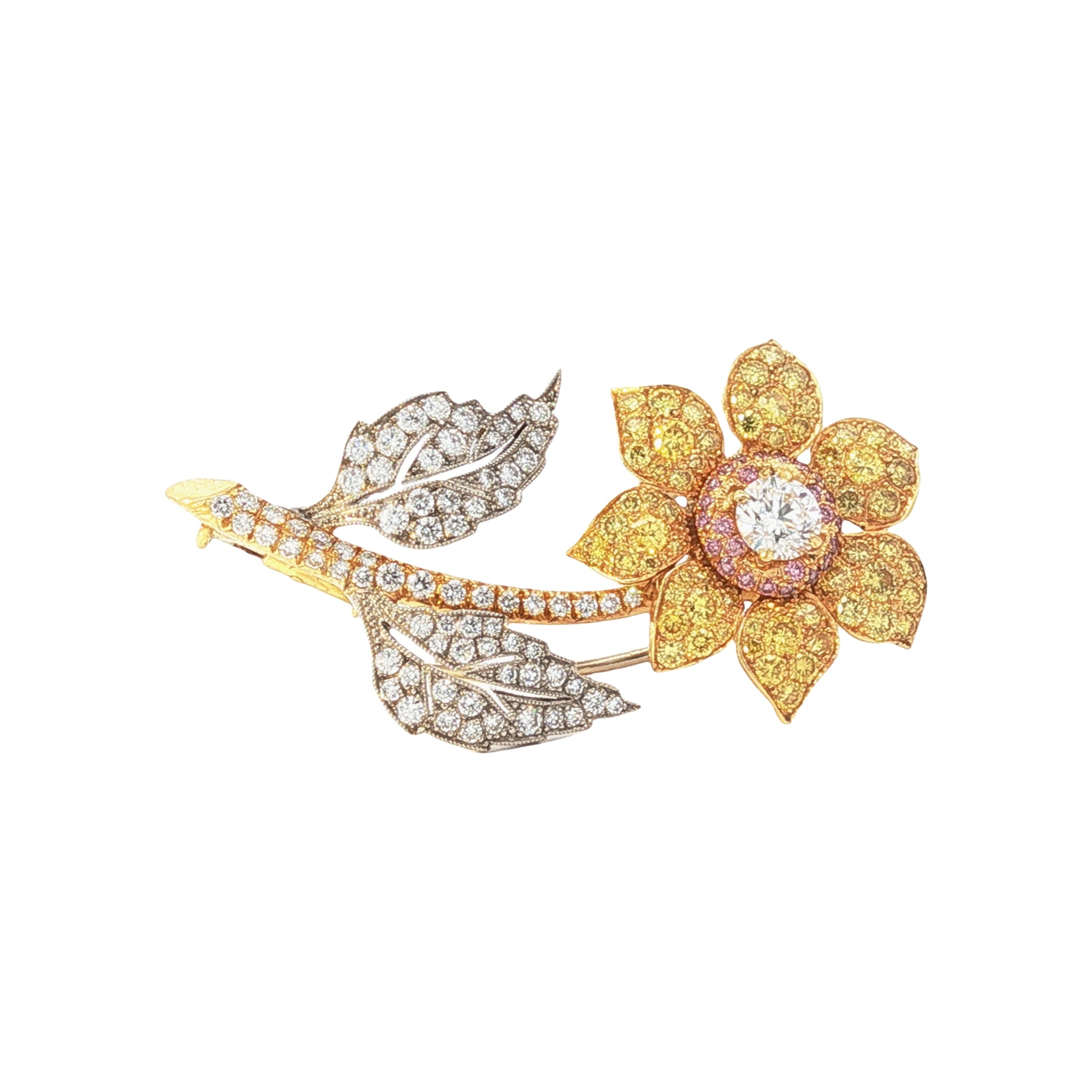 GIA certified 0.32ct F VS1 multi-color natural pink yellow and white diamond flower brooch in 18k two-tone gold by Kantor Gems