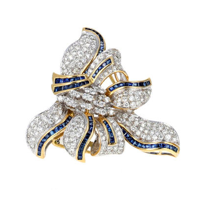 Retro 18K Yellow and White Gold Diamond and Sapphire Bow Brooch, Circa 1950s, 3.5 Carats Diamonds
