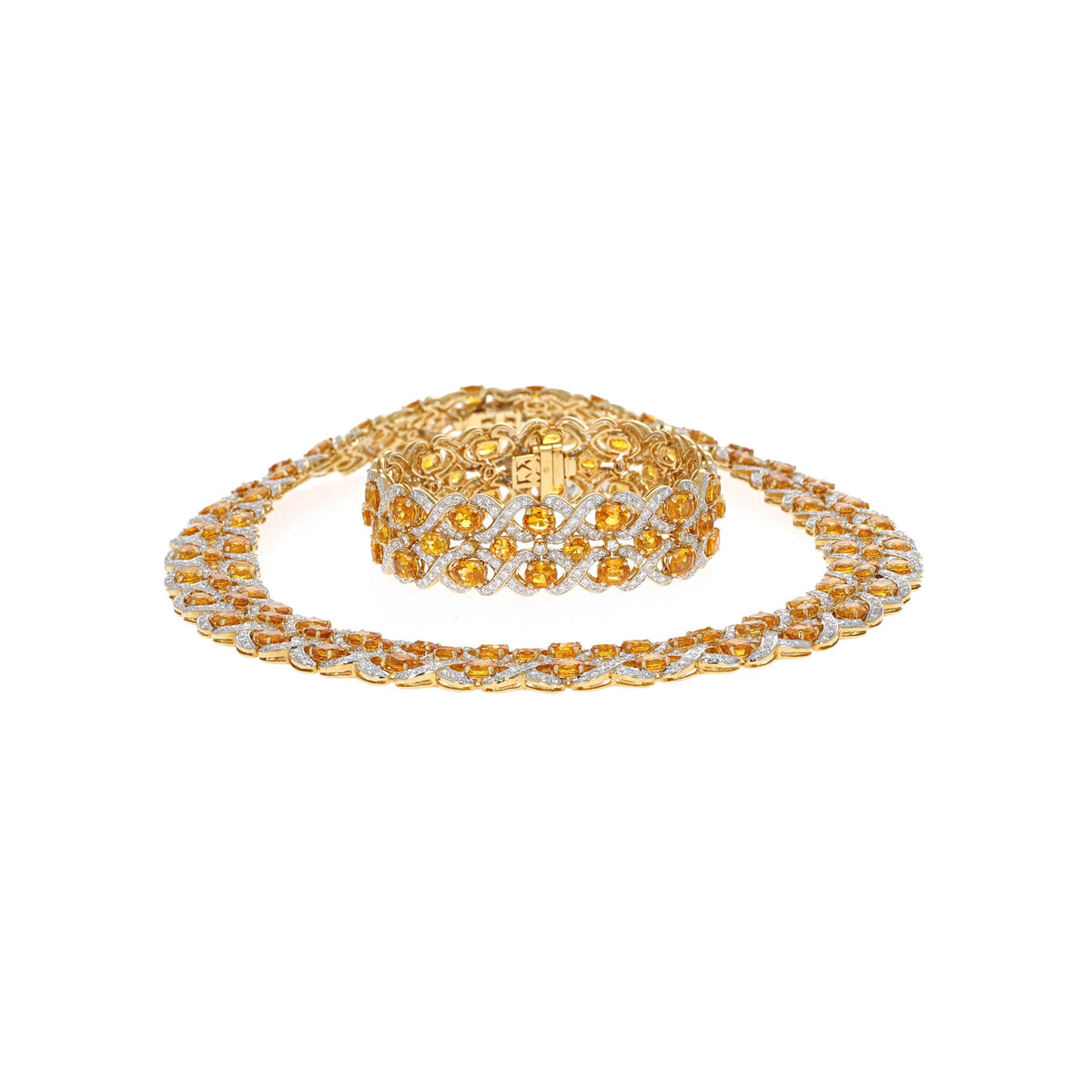 89.00 CTW Oval Orange Sapphire & 19.53 CTW Diamond Interwoven Necklace and Bracelet Suite in 18K Yellow Gold