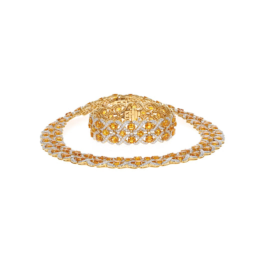 89.00 CTW Oval Orange Sapphire & 19.53 CTW Diamond Interwoven Necklace and Bracelet Suite in 18K Yellow Gold
