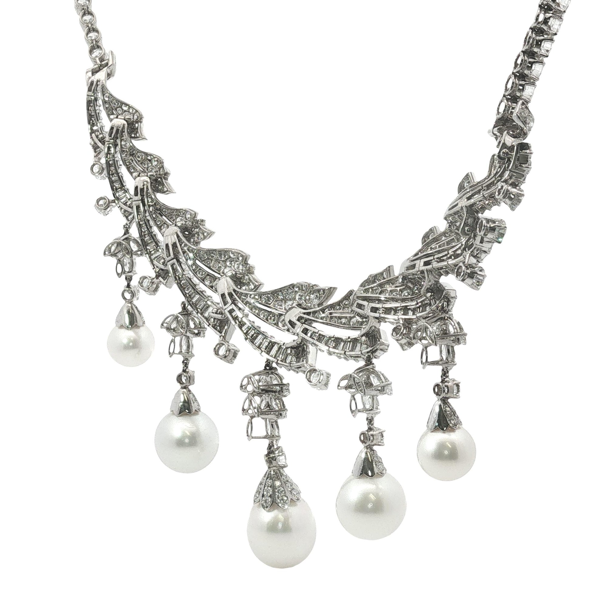 Platinum South Sea Pearl & Multi-Cut Diamond Fringe Festoon Necklace (106.5g)