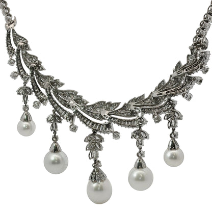 Platinum South Sea Pearl & Multi-Cut Diamond Fringe Festoon Necklace (106.5g)