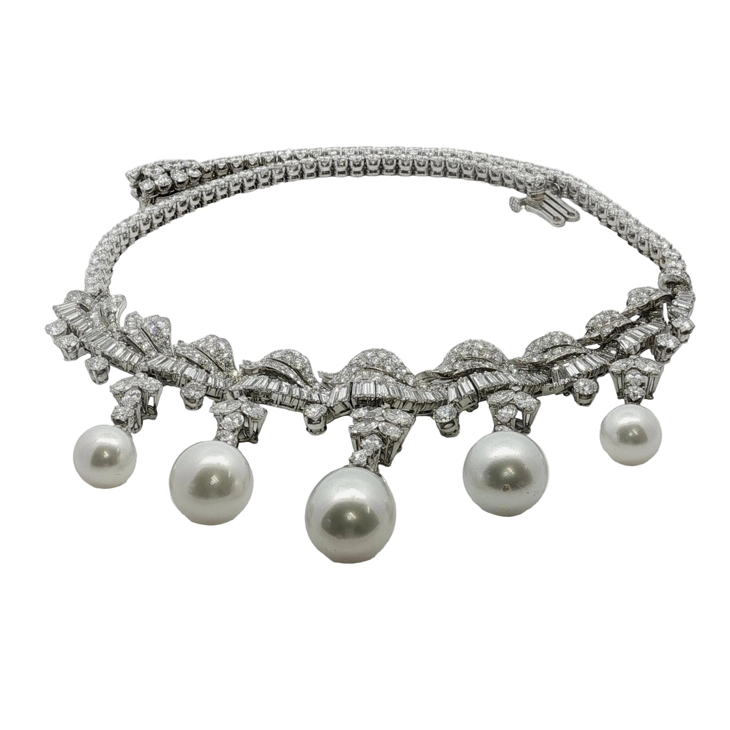 Platinum South Sea Pearl & Multi-Cut Diamond Fringe Festoon Necklace (106.5g)