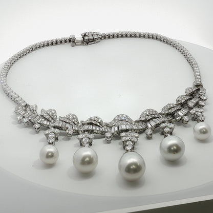 Platinum South Sea Pearl & Multi-Cut Diamond Fringe Festoon Necklace (106.5g)