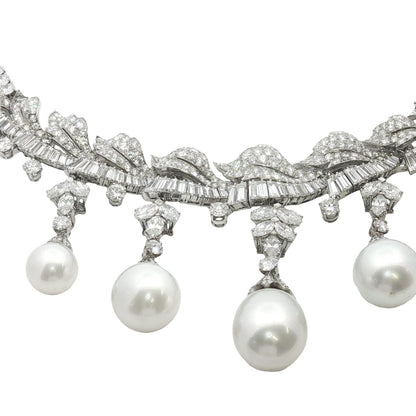 Platinum South Sea Pearl & Multi-Cut Diamond Fringe Festoon Necklace (106.5g)