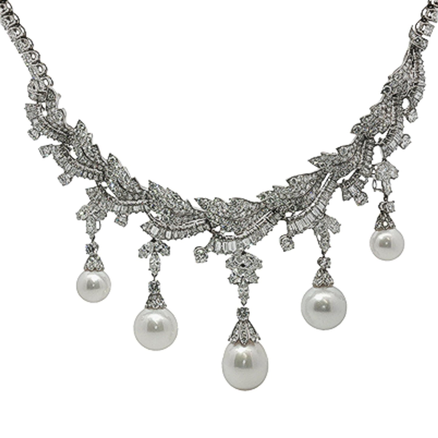 Platinum South Sea Pearl & Multi-Cut Diamond Fringe Festoon Necklace (106.5g)