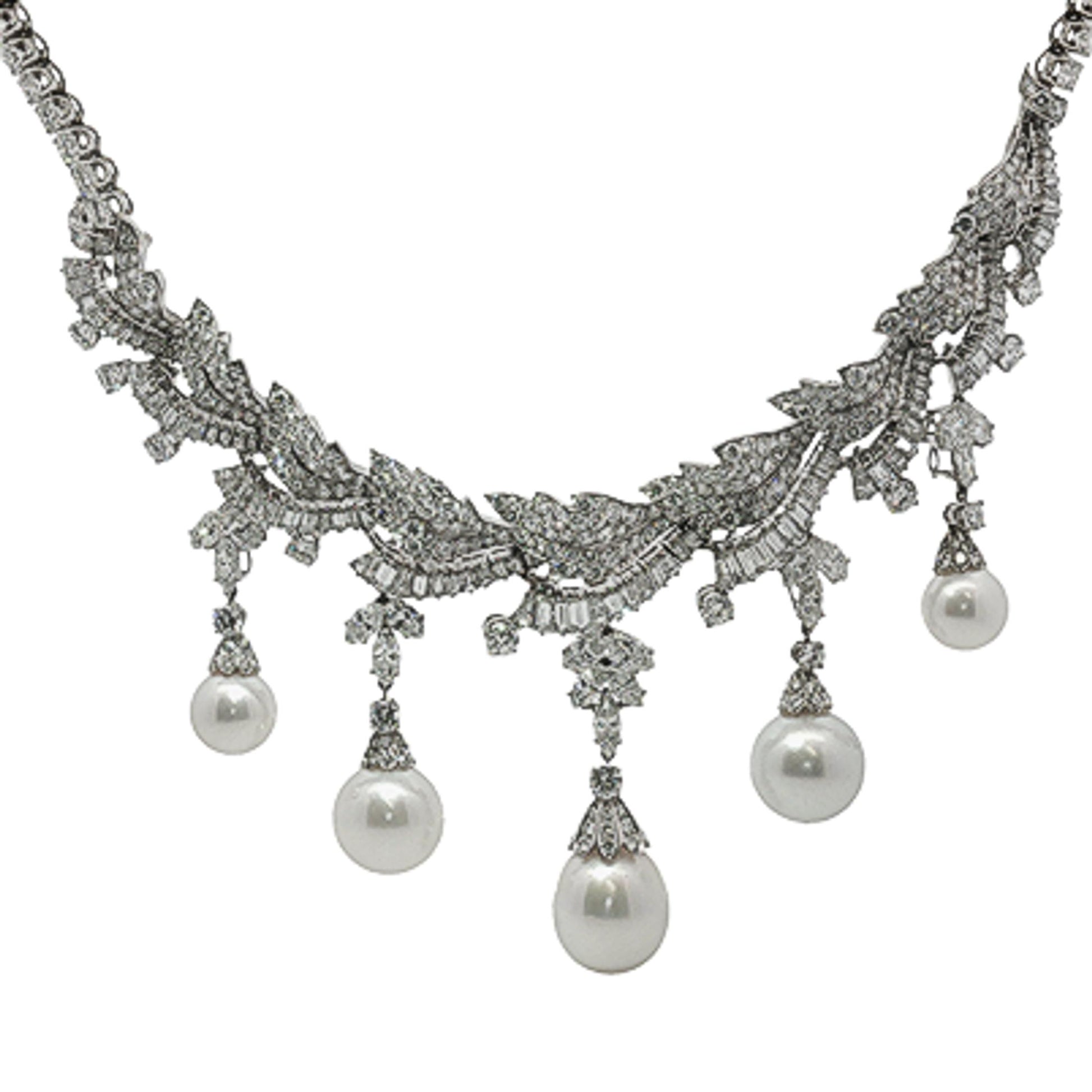 Platinum South Sea Pearl & Multi-Cut Diamond Fringe Festoon Necklace (106.5g)
