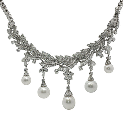 Platinum South Sea Pearl & Multi-Cut Diamond Fringe Festoon Necklace (106.5g)