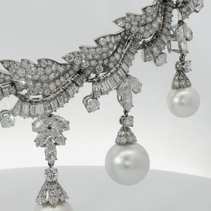Platinum South Sea Pearl & Multi-Cut Diamond Fringe Festoon Necklace (106.5g)