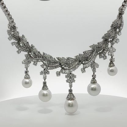 Platinum South Sea Pearl & Multi-Cut Diamond Fringe Festoon Necklace (106.5g)