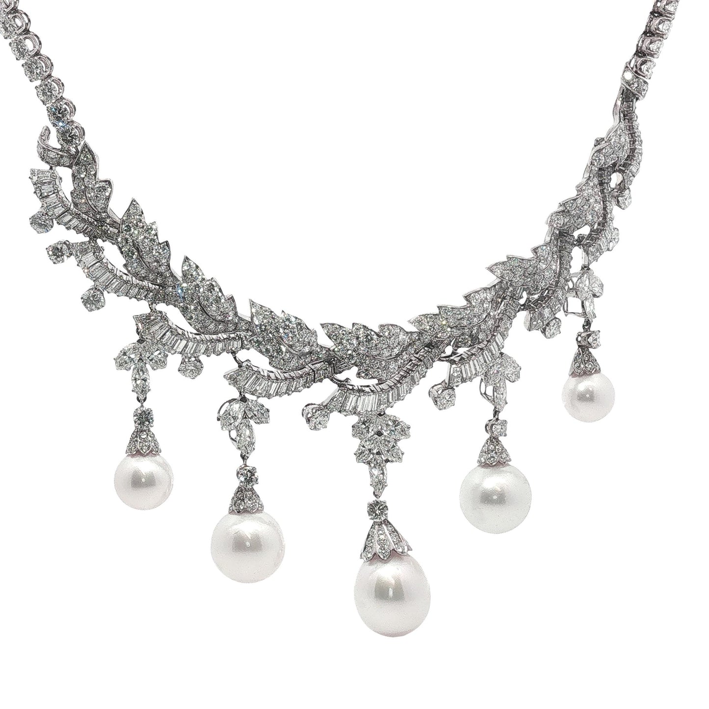 Platinum South Sea Pearl & Multi-Cut Diamond Fringe Festoon Necklace (106.5g)