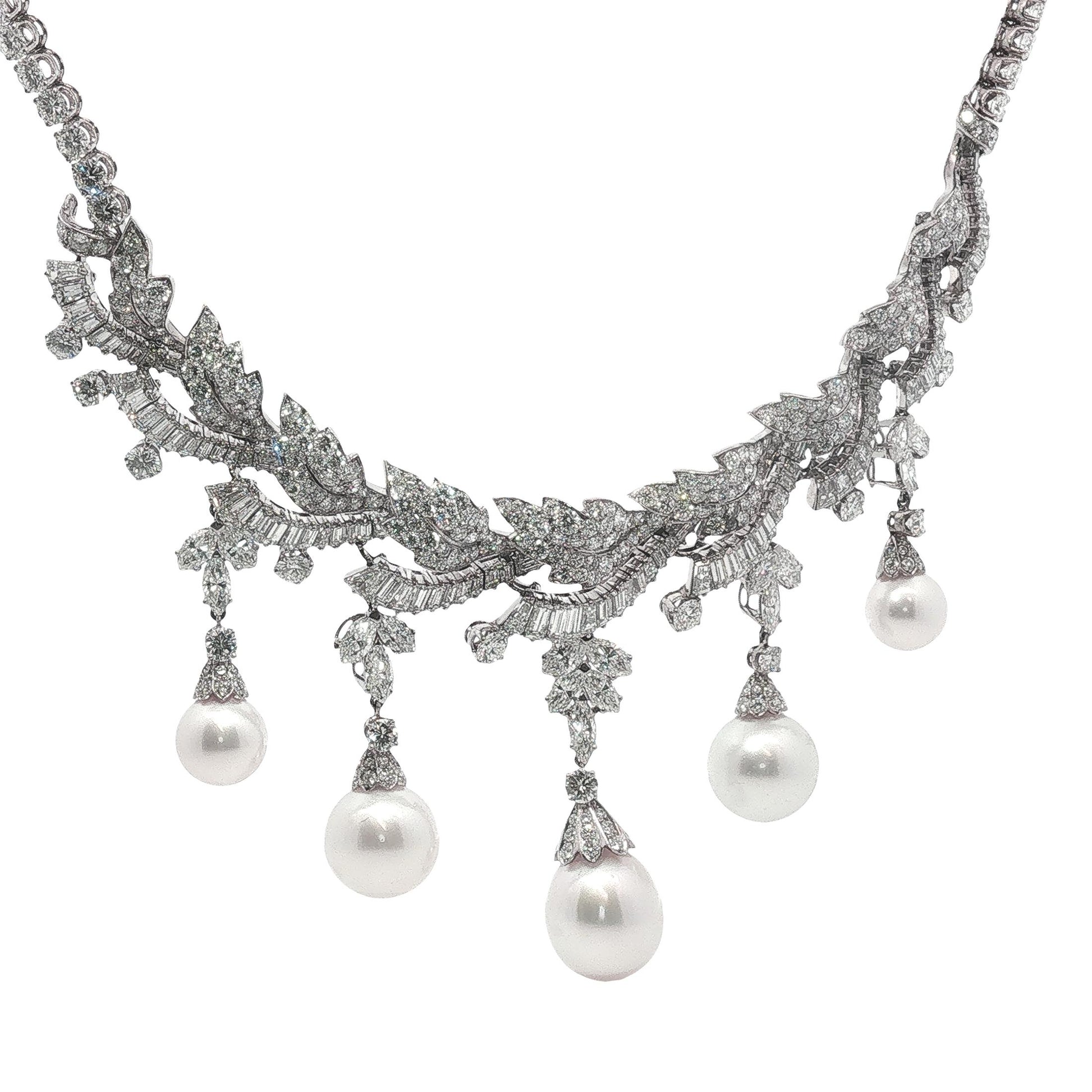 Platinum South Sea Pearl & Multi-Cut Diamond Fringe Festoon Necklace (106.5g)