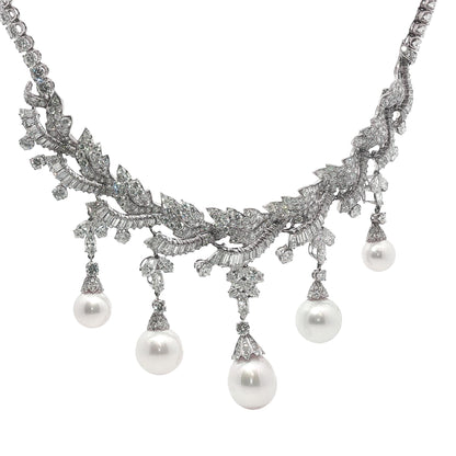 Platinum South Sea Pearl & Multi-Cut Diamond Fringe Festoon Necklace (106.5g)
