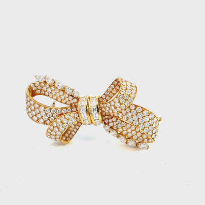 Vintage 18K Yellow Gold Diamond Bow Brooch | 19.50 Carats of Diamonds | Retro Estate Jewelry