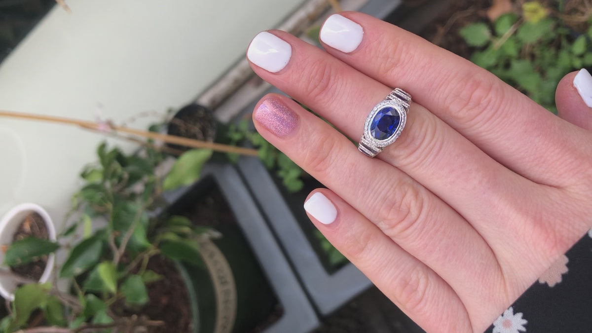 3.54ct no-heat Ceylon blue sapphire east-west ring with 0.46 ctw diamonds with multi-tiered diamond split band AGL Certified