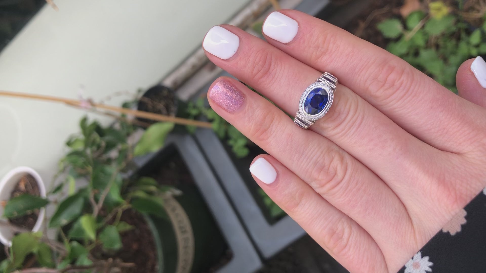 3.54ct no-heat Ceylon blue sapphire east-west ring with 0.46 ctw diamonds with multi-tiered diamond split band AGL Certified