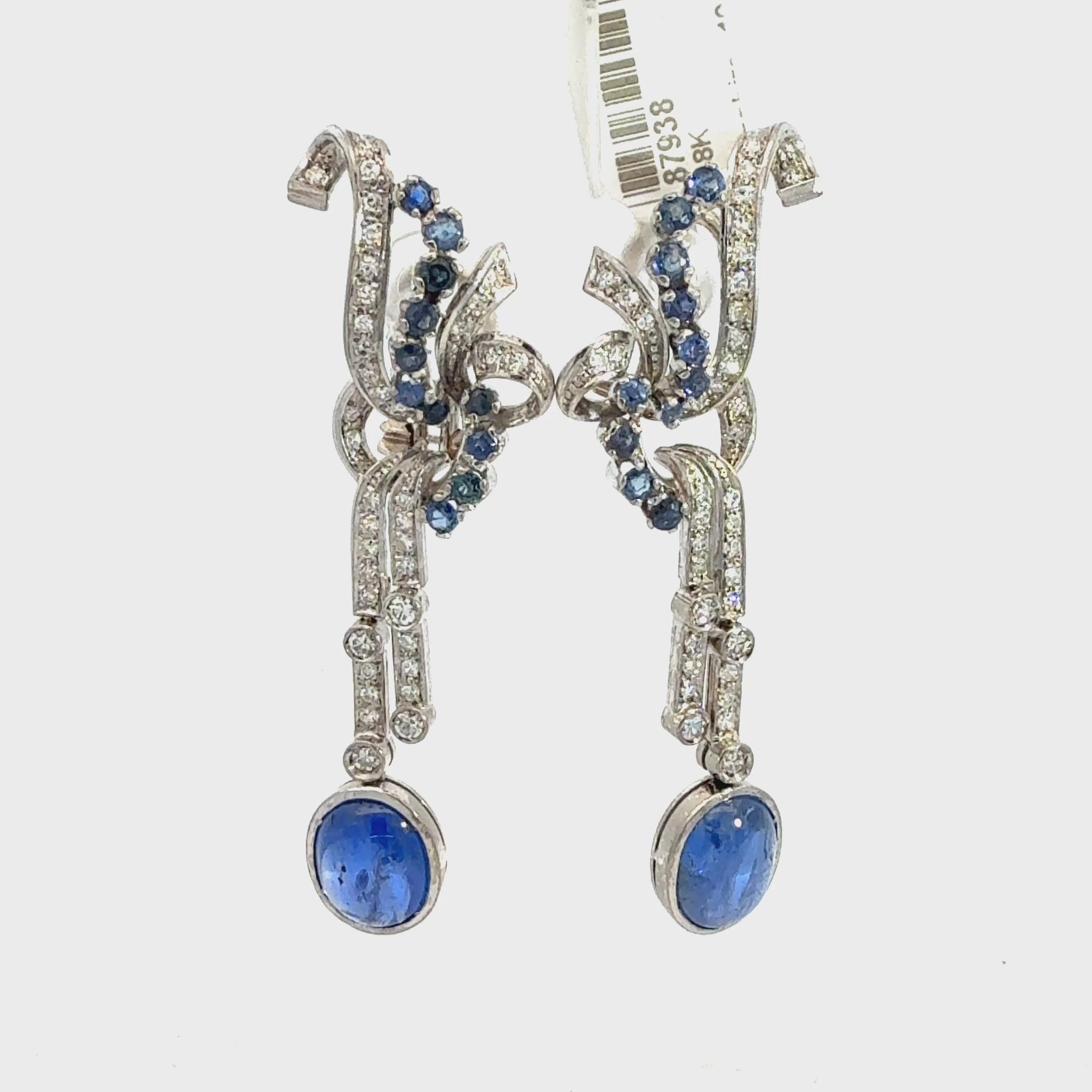Art Deco Sapphire Diamond Chandelier Earrings, 18 Karat White Gold